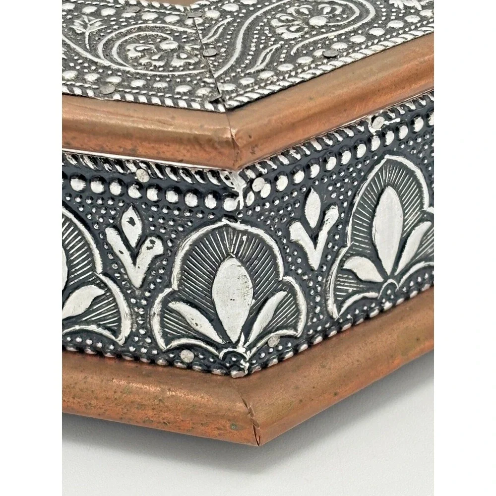 Vintage Embossed Silver Copper & Metal Hexagonal Trinket Box‎ 4 Compartment